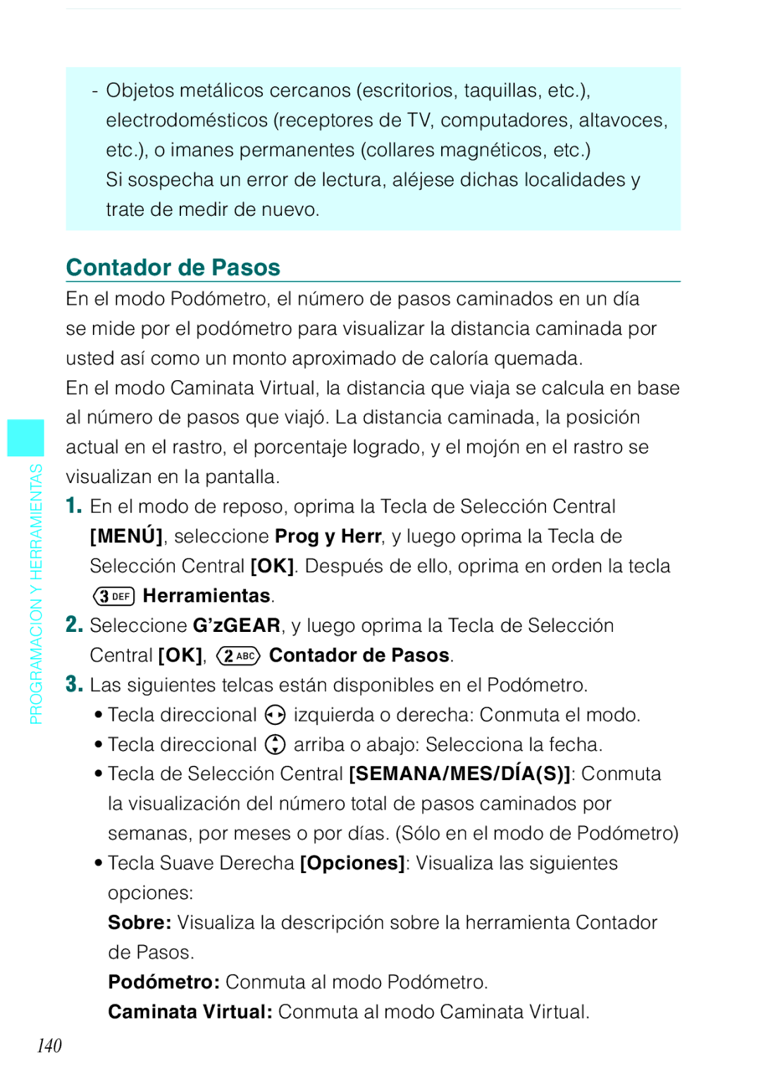 Verizon C751 manual Contador de Pasos, 140, Tecla direccional arriba o abajo Selecciona la fecha 