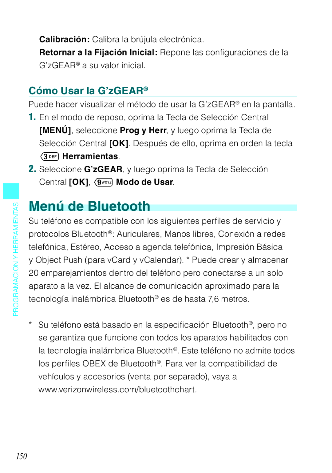 Verizon C751 manual Menú de Bluetooth, Cómo Usar la G’zGEAR, 150, Calibración Calibra la brújula electrónica 