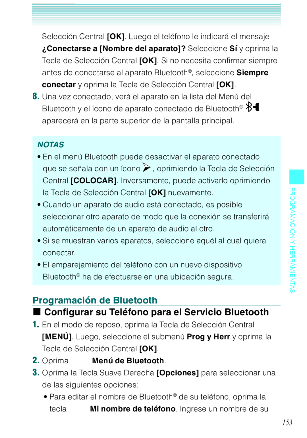 Verizon C751 manual Programación de Bluetooth, Configurar su Teléfono para el Servicio Bluetooth, 153 