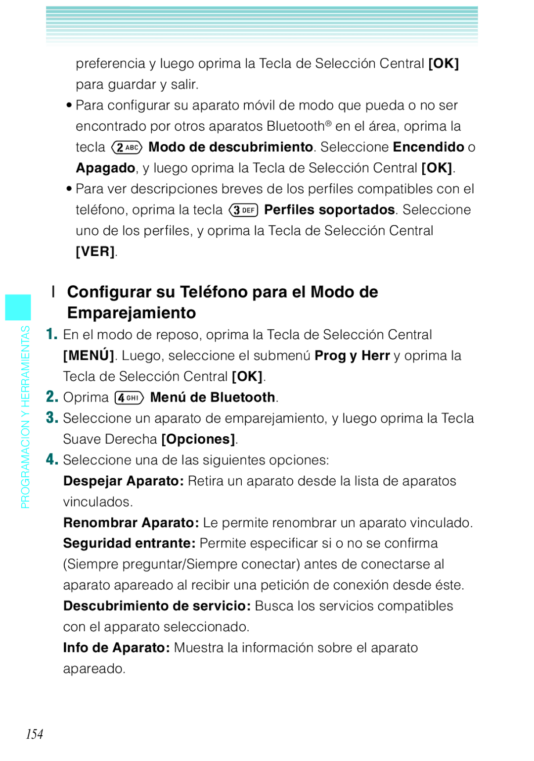 Verizon C751 manual Configurar su Teléfono para el Modo de Emparejamiento, 154 