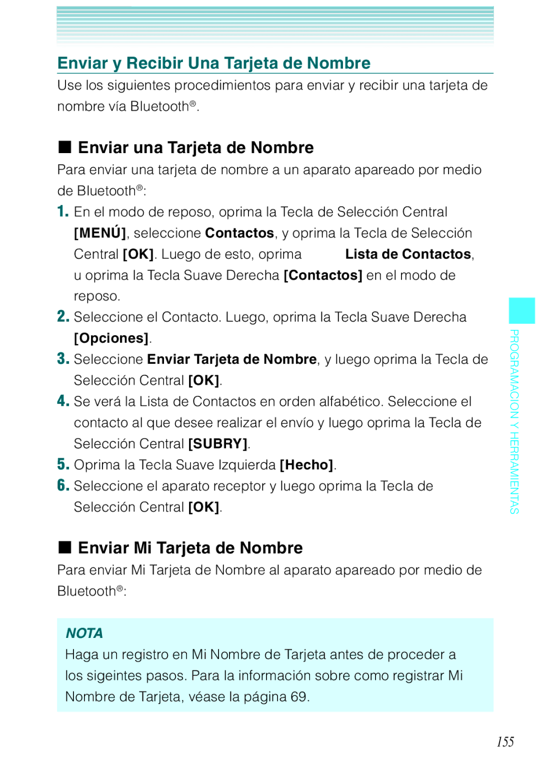 Verizon C751 manual Enviar y Recibir Una Tarjeta de Nombre, Enviar una Tarjeta de Nombre, Enviar Mi Tarjeta de Nombre, 155 