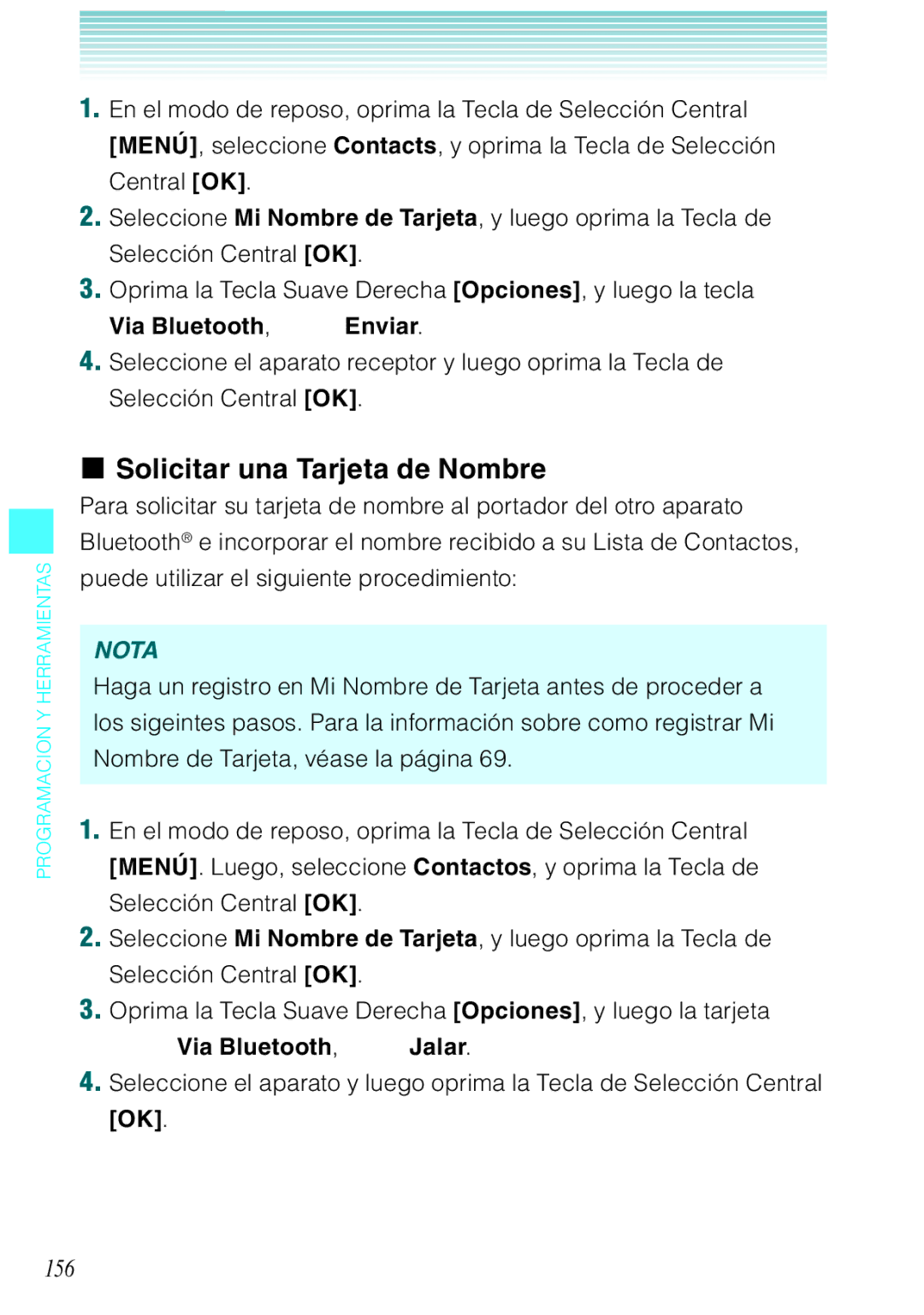 Verizon C751 manual Solicitar una Tarjeta de Nombre, 156, Via Bluetooth, Enviar, Via Bluetooth, Jalar 