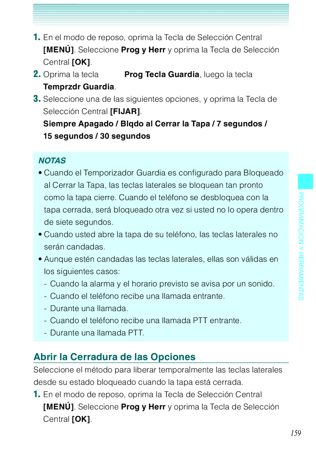 Verizon C751 manual Abrir la Cerradura de las Opciones, 159, Temprzdr Guardia 