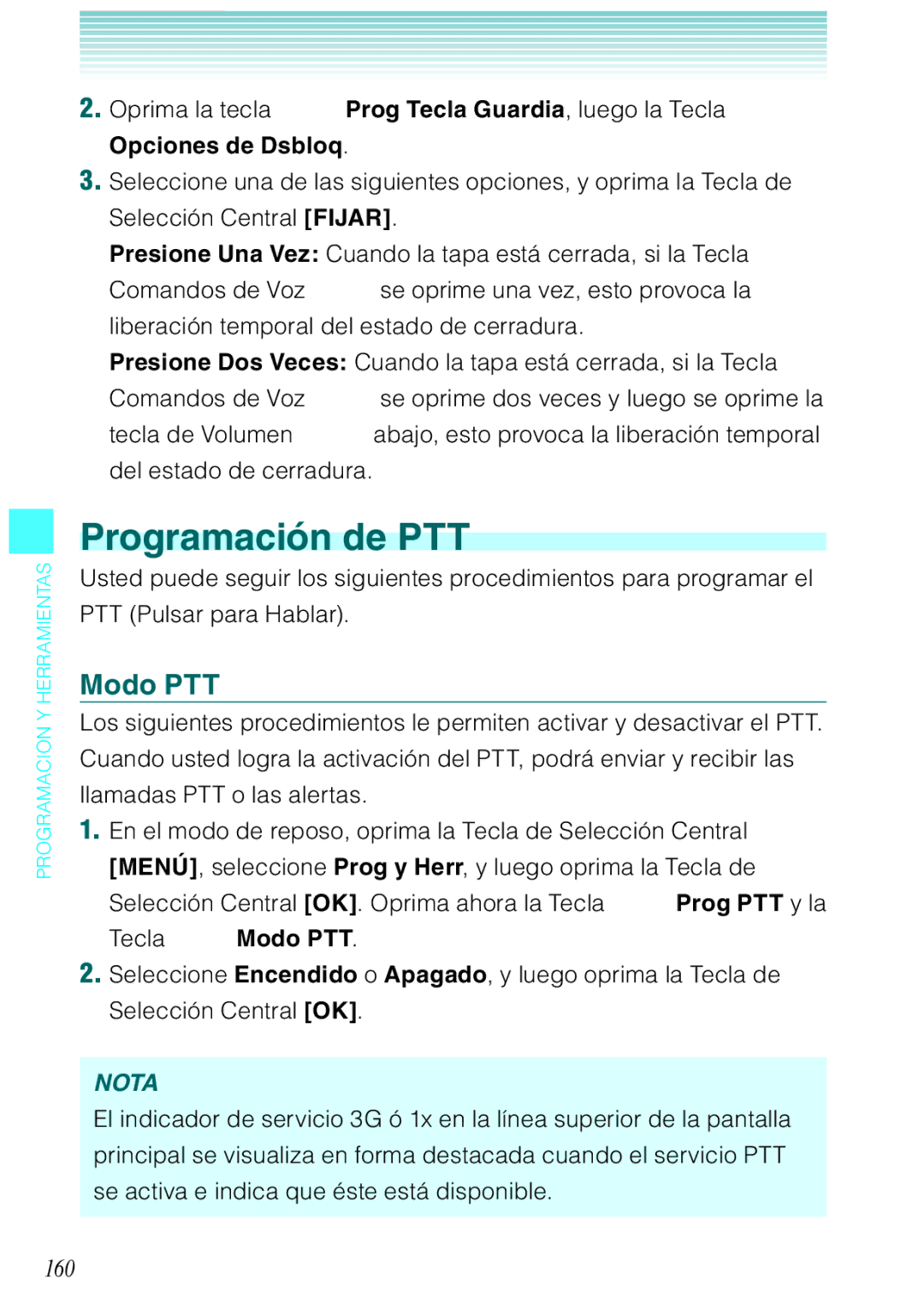 Verizon C751 manual Programación de PTT, 160, Oprima la tecla Prog Tecla Guardia, luego la Tecla , Opciones de Dsbloq 