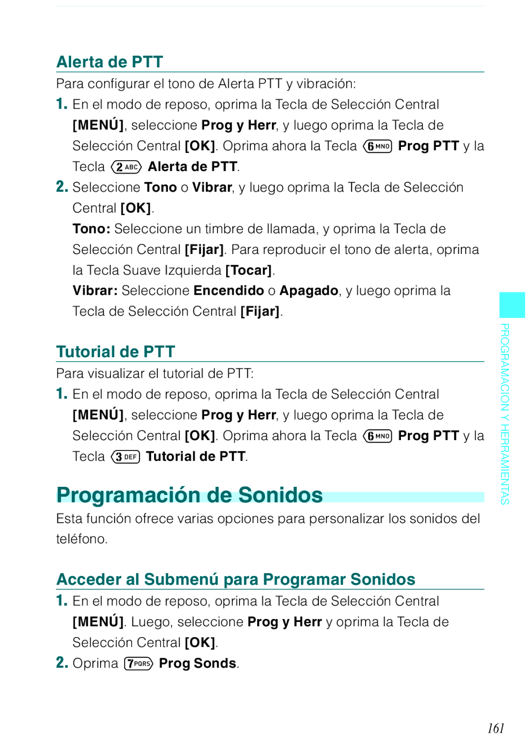 Verizon C751 manual Programación de Sonidos, Alerta de PTT, Tutorial de PTT, Acceder al Submenú para Programar Sonidos, 161 