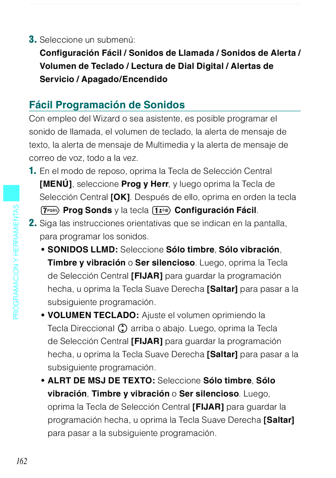 Verizon C751 manual Fácil Programación de Sonidos, 162, Prog Sonds y la tecla Configuración Fácil 