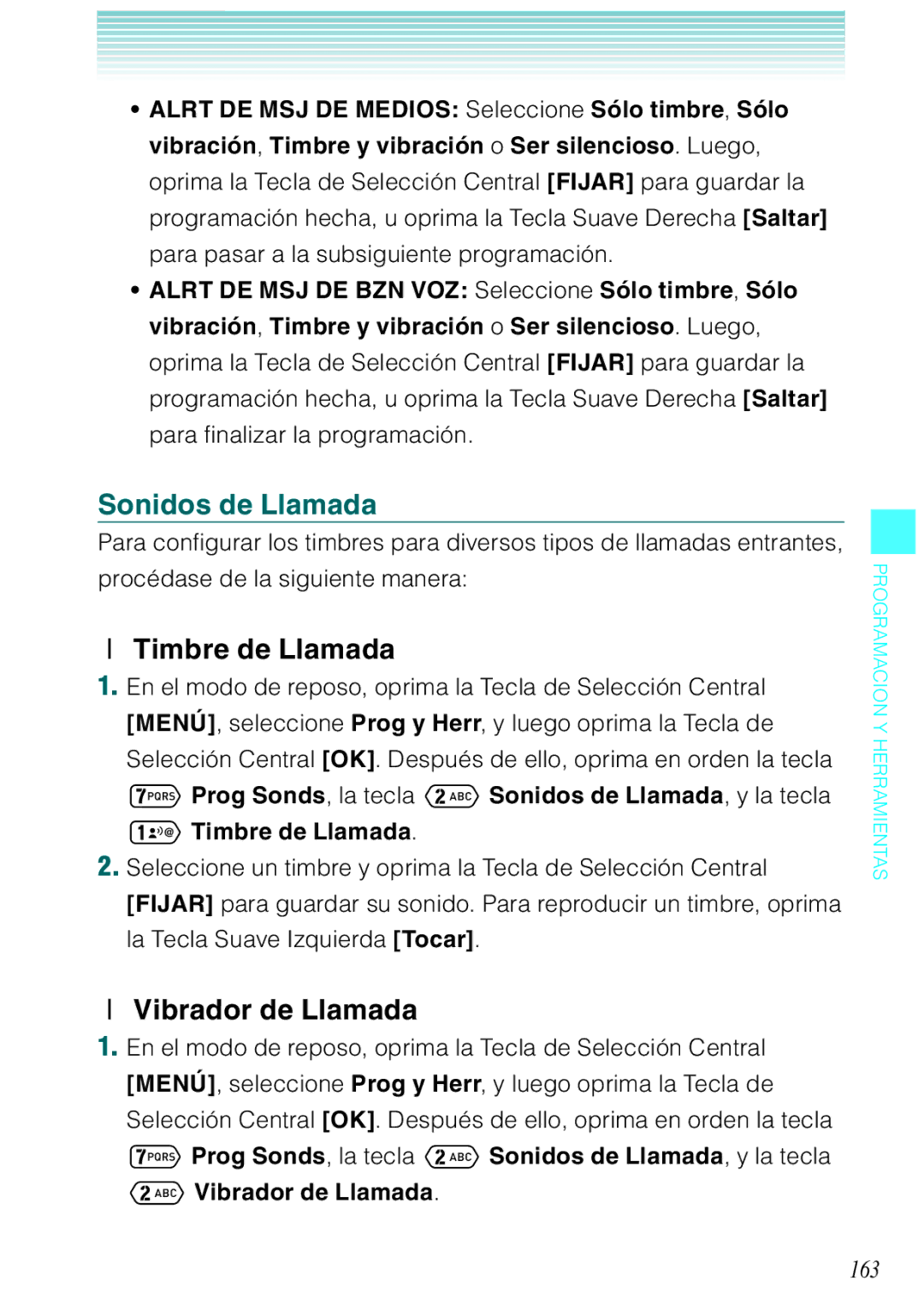 Verizon C751 manual Sonidos de Llamada, Timbre de Llamada, Vibrador de Llamada, 163 