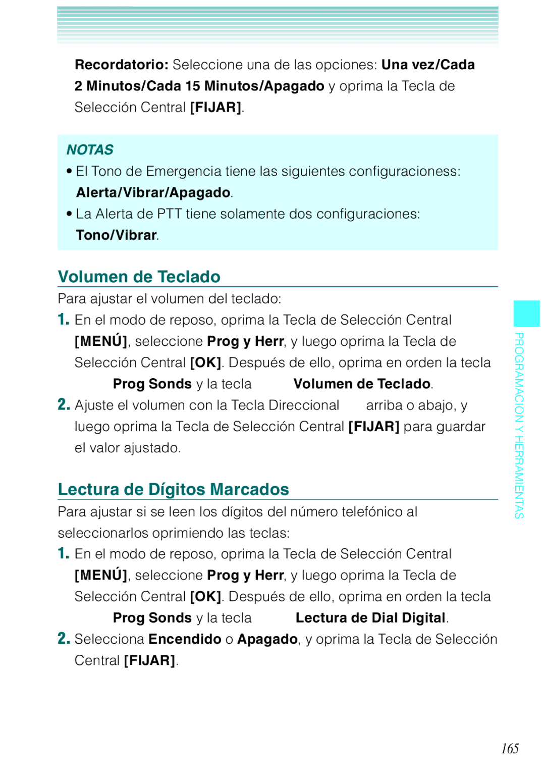 Verizon C751 manual Lectura de Dígitos Marcados, 165, Prog Sonds y la tecla Volumen de Teclado 