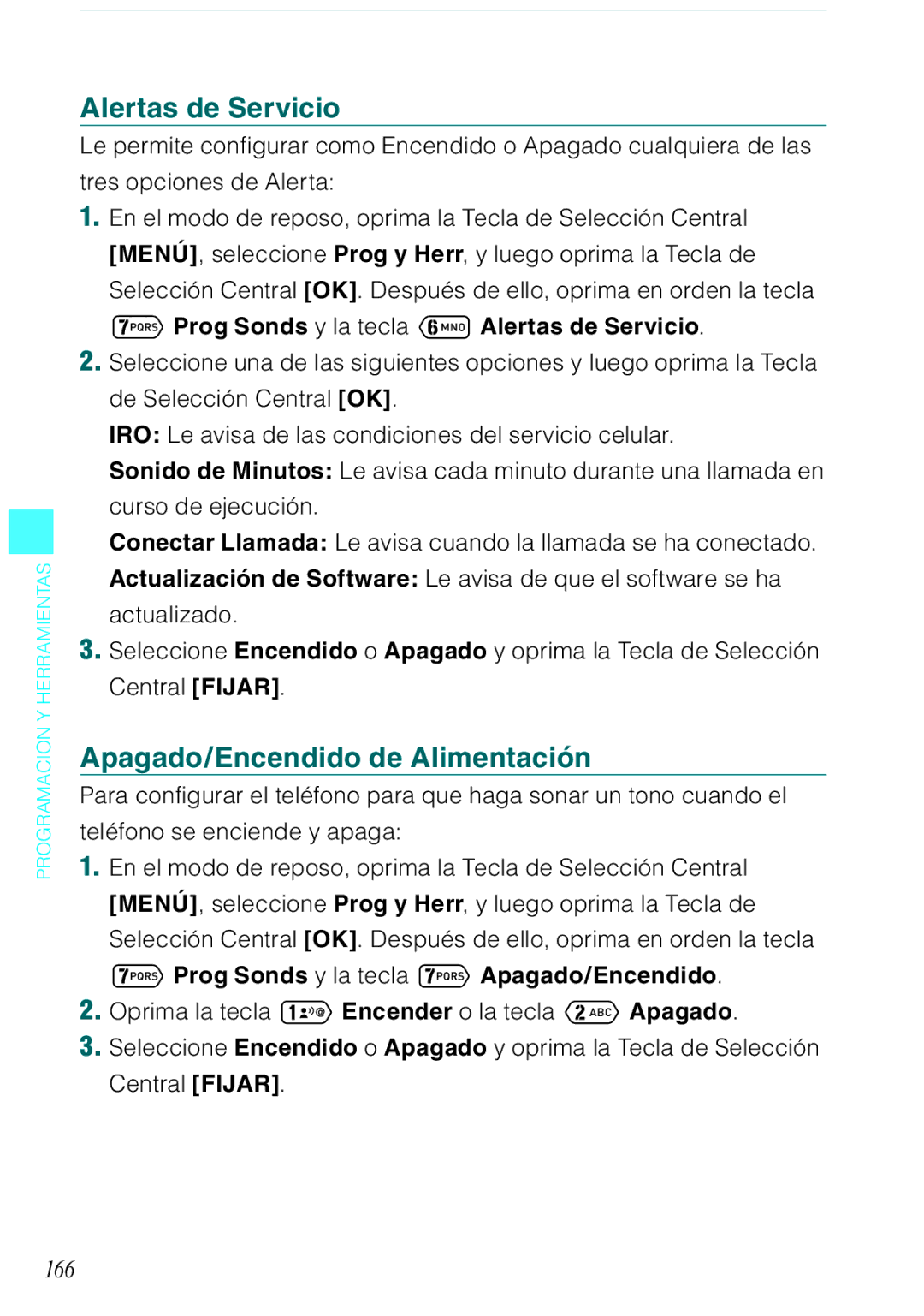 Verizon C751 manual Alertas de Servicio, Apagado/Encendido de Alimentación, 166, Prog Sonds y la tecla 