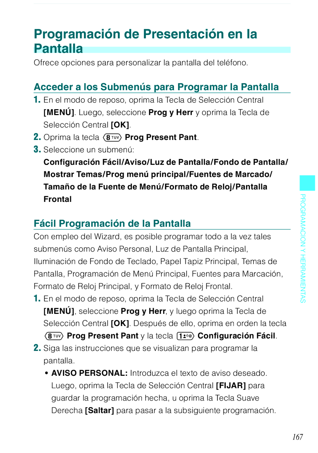 Verizon C751 manual Programación de Presentación en la Pantalla, Acceder a los Submenús para Programar la Pantalla, 167 