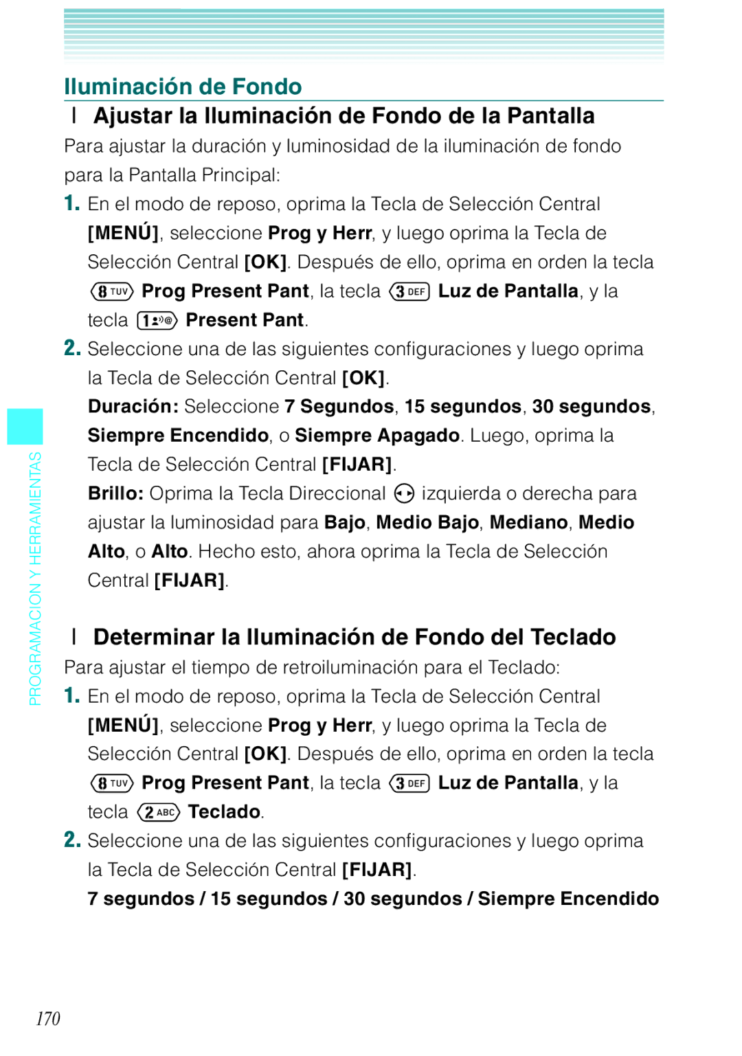 Verizon C751 manual Ajustar la Iluminación de Fondo de la Pantalla, Determinar la Iluminación de Fondo del Teclado, 170 