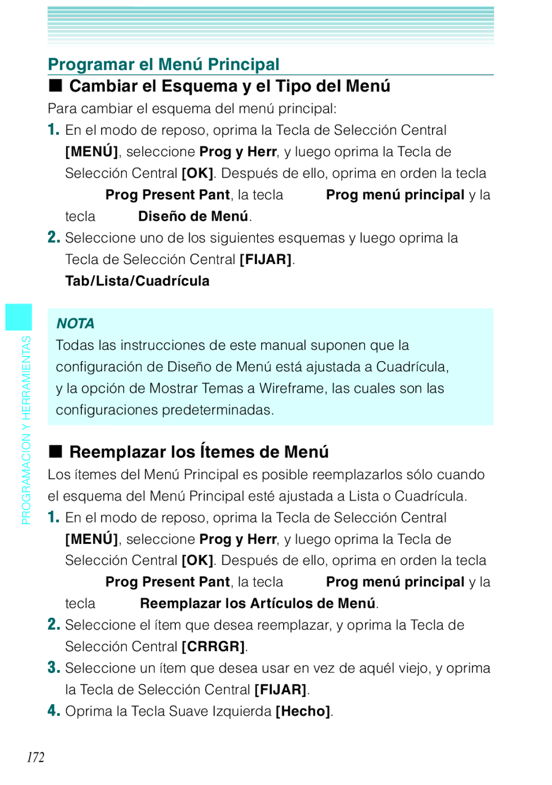 Verizon C751 manual Programar el Menú Principal, Cambiar el Esquema y el Tipo del Menú, Reemplazar los Ítemes de Menú, 172 