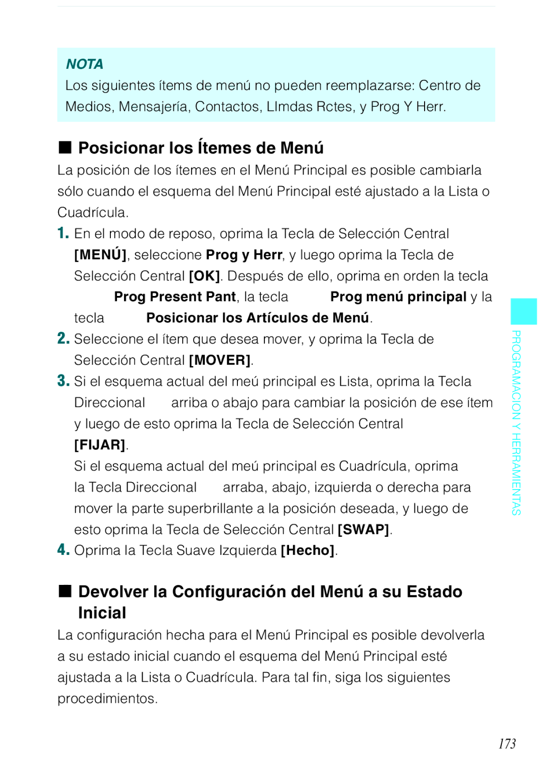 Verizon C751 manual Posicionar los Ítemes de Menú, Devolver la Configuración del Menú a su Estado Inicial, 173 