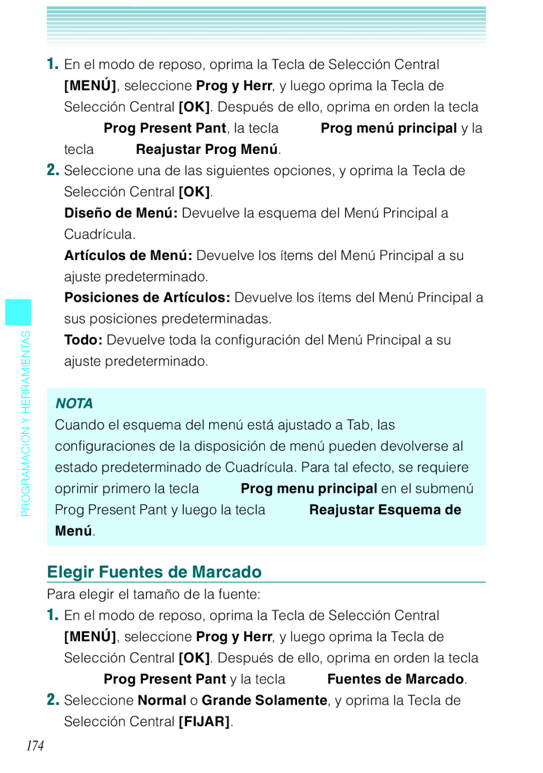 Verizon C751 manual Elegir Fuentes de Marcado, 174, Tecla Reajustar Prog Menú, Para elegir el tamaño de la fuente 