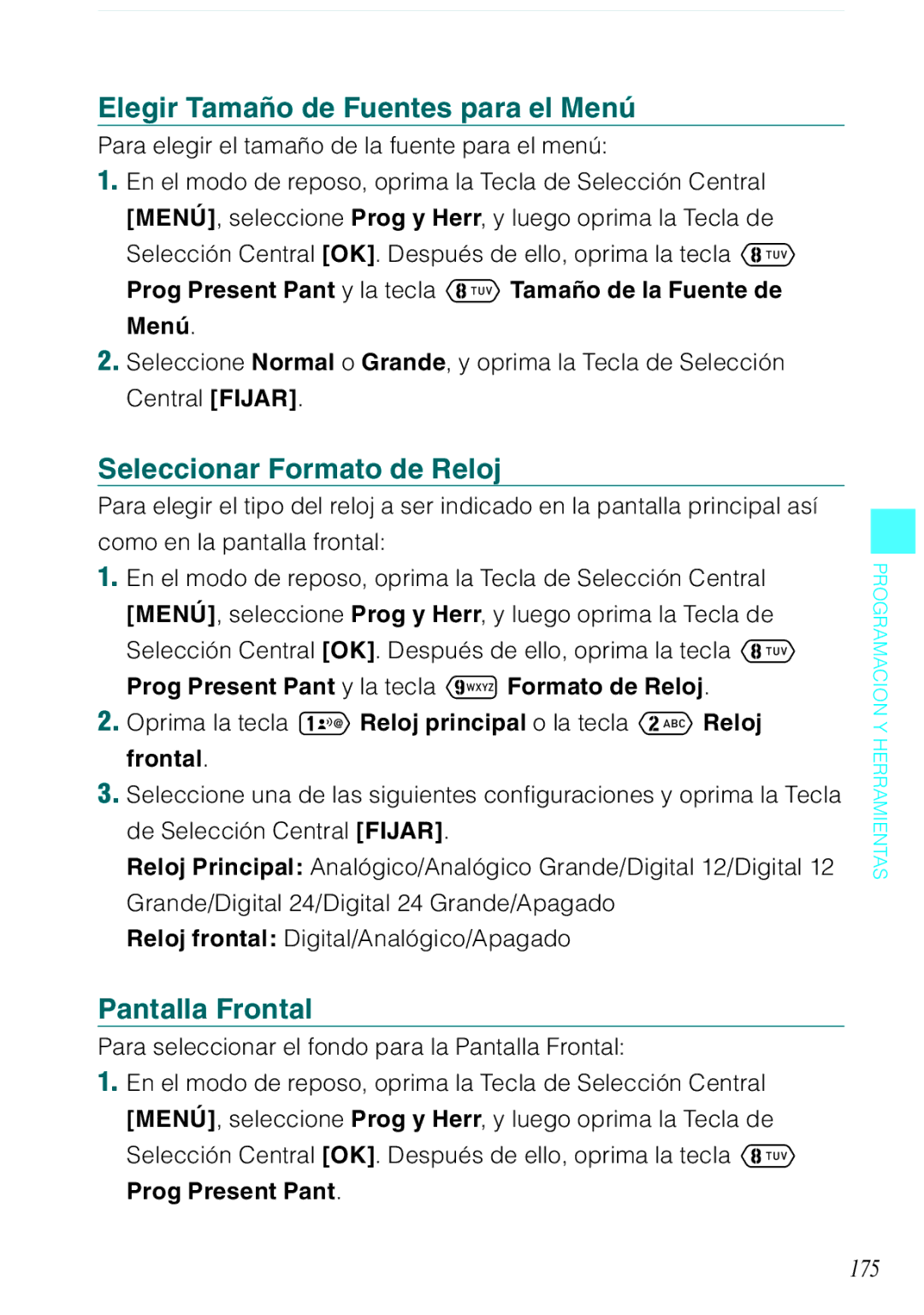 Verizon C751 manual Elegir Tamaño de Fuentes para el Menú, Seleccionar Formato de Reloj, Pantalla Frontal, 175 