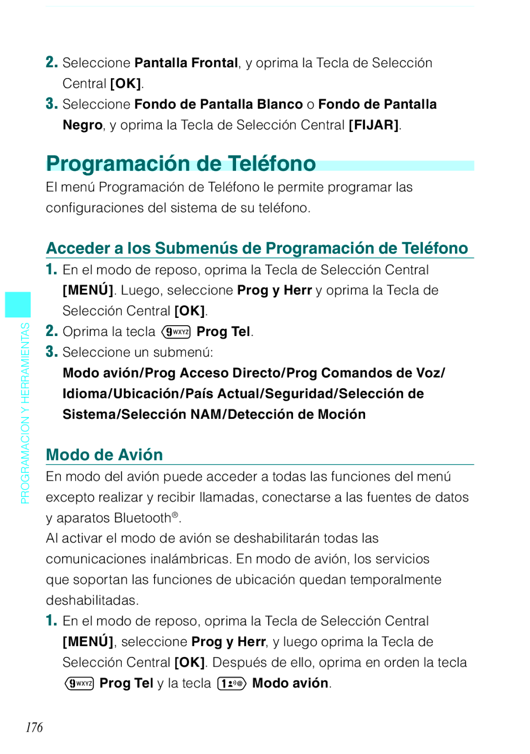 Verizon C751 Acceder a los Submenús de Programación de Teléfono, Modo de Avión, 176, Prog Tel y la tecla Modo avión 