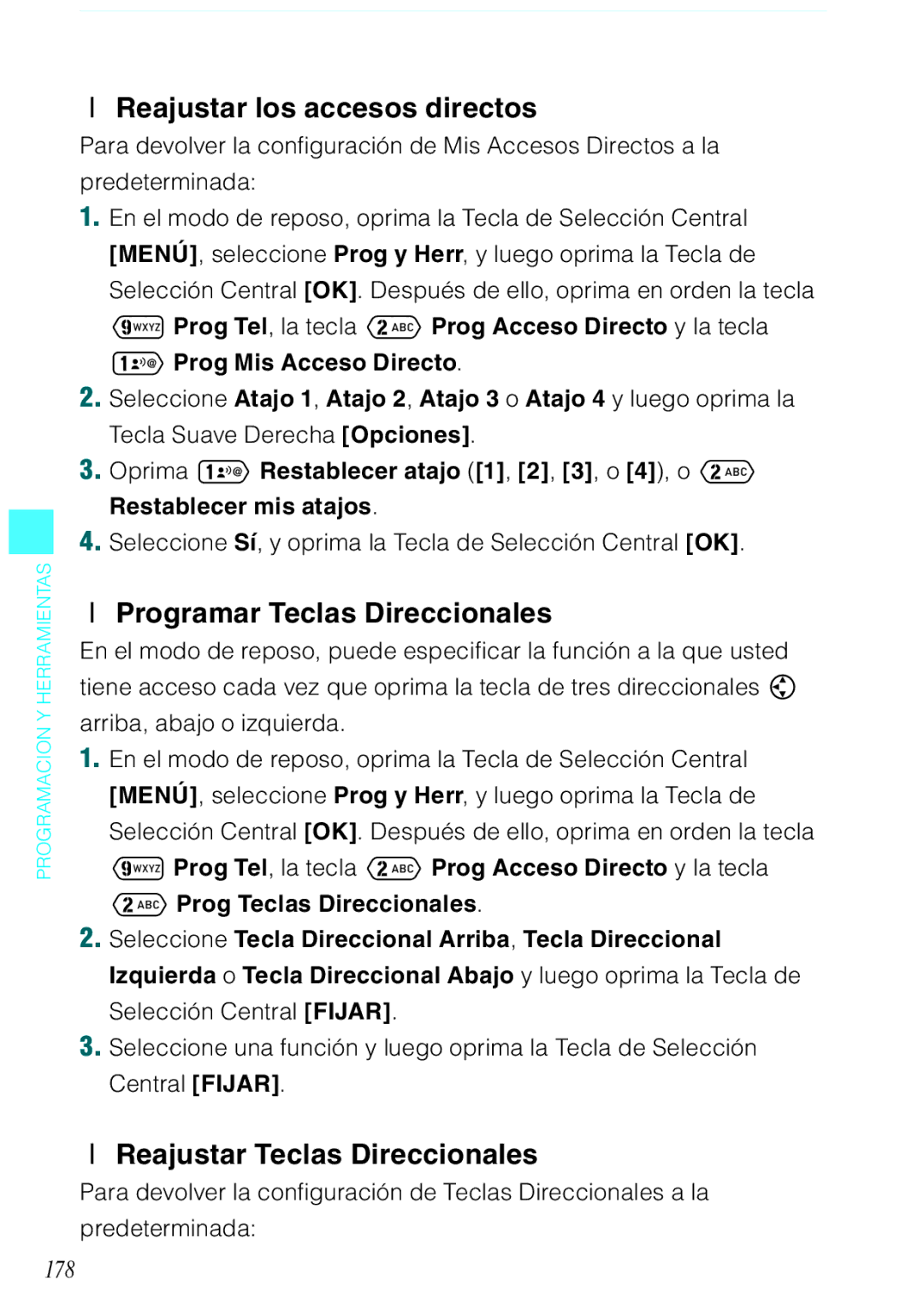 Verizon C751 manual Reajustar los accesos directos, Programar Teclas Direccionales, Reajustar Teclas Direccionales, 178 