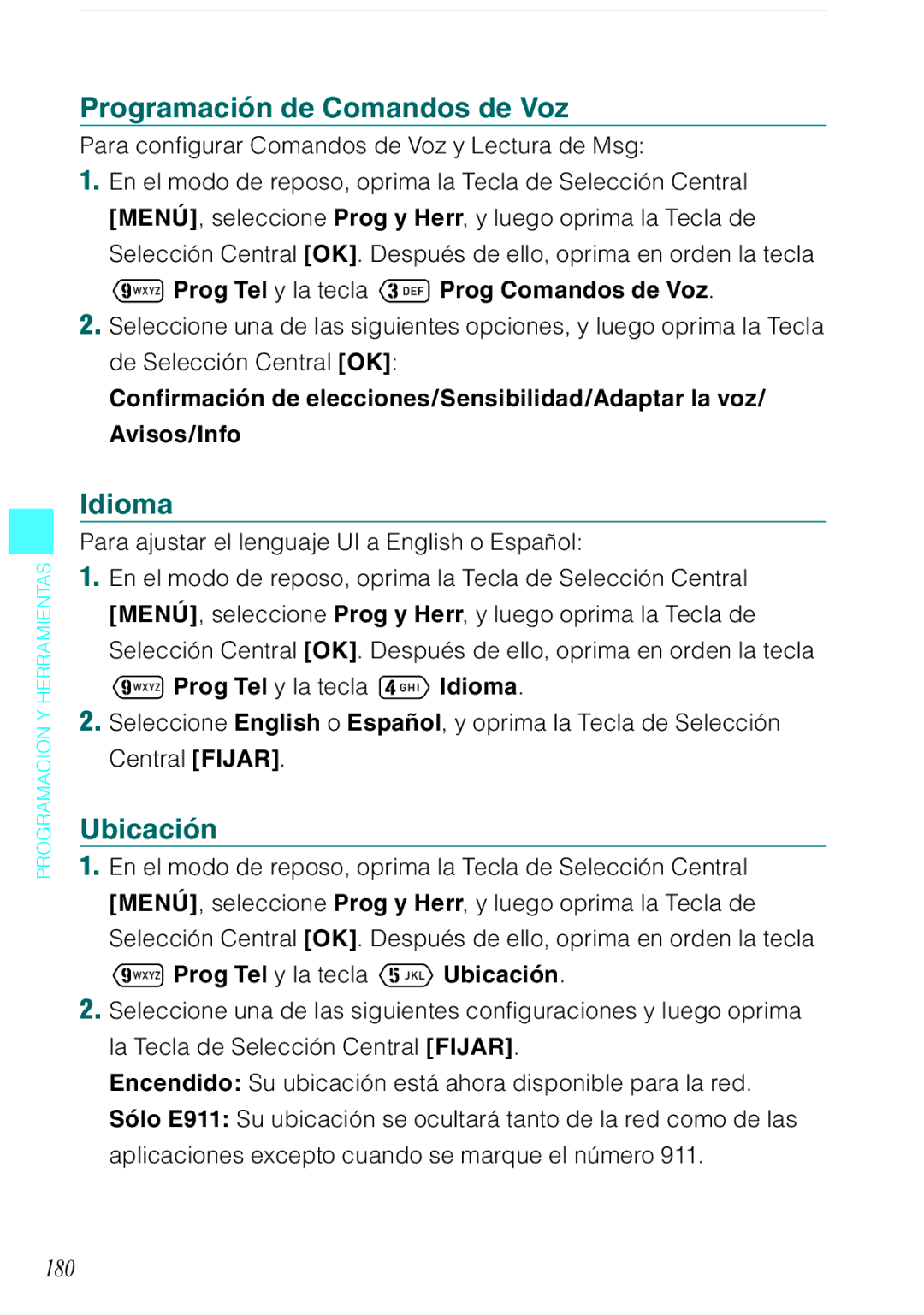 Verizon C751 manual Programación de Comandos de Voz, Idioma, Ubicación, 180 