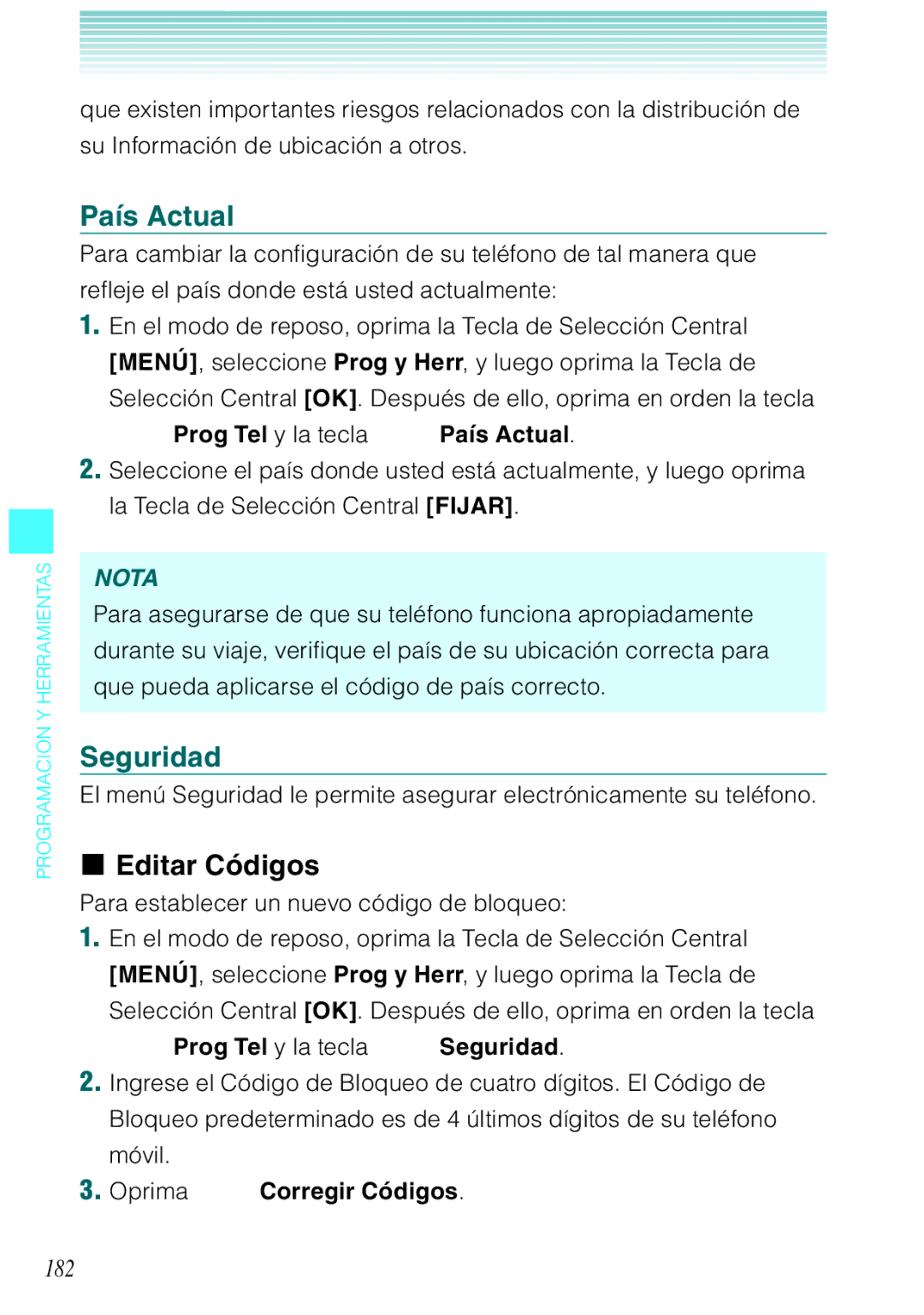 Verizon C751 manual País Actual, Seguridad, Editar Códigos, 182 