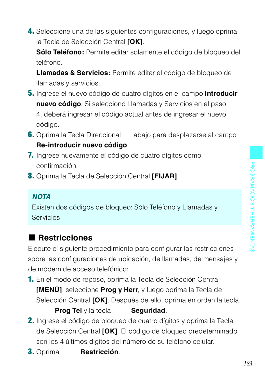 Verizon C751 manual Restricciones, 183, Oprima Restricción 