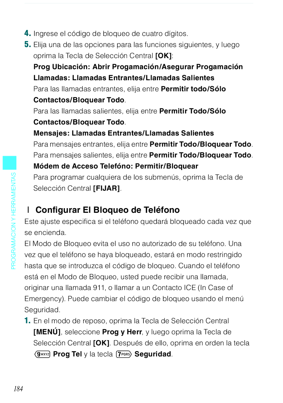 Verizon C751 manual Configurar El Bloqueo de Teléfono, 184, Módem de Acceso Telefóno Permitir/Bloquear 