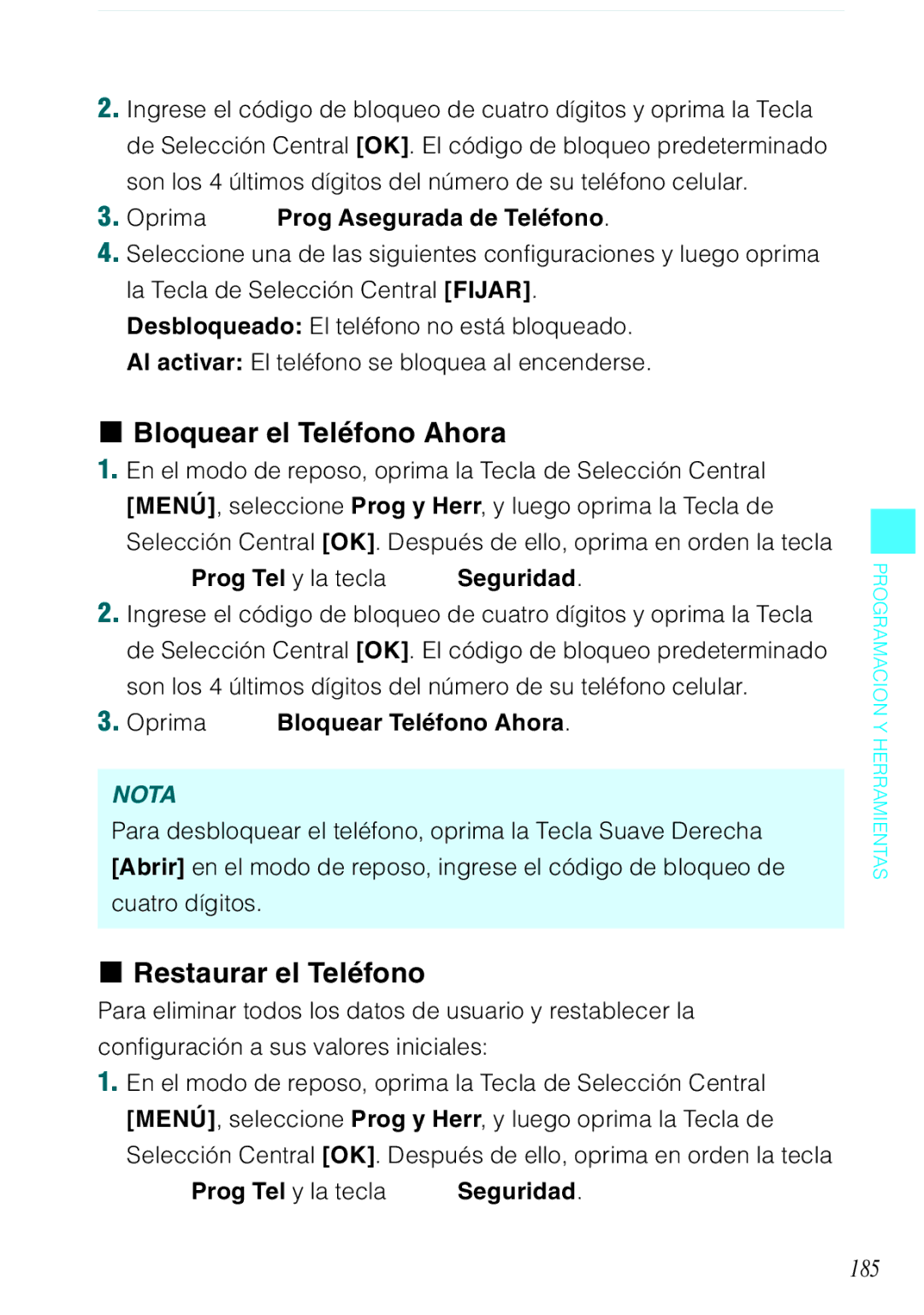Verizon C751 manual Bloquear el Teléfono Ahora, Restaurar el Teléfono, 185, Oprima Prog Asegurada de Teléfono 