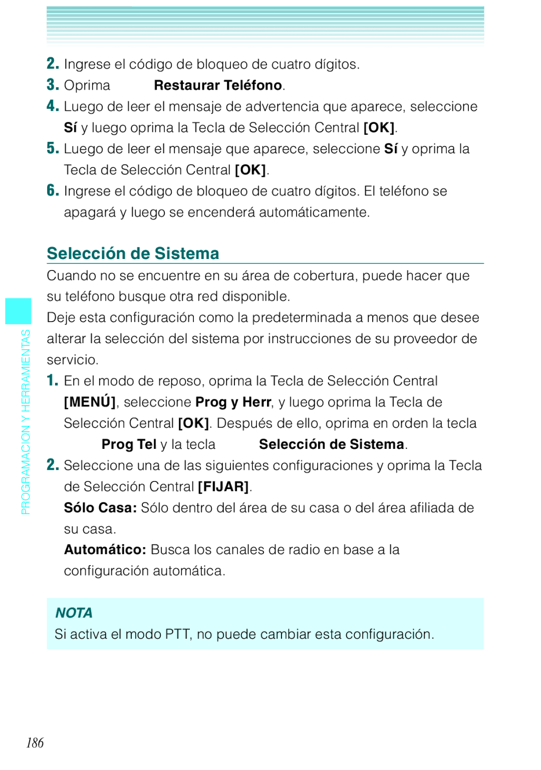 Verizon C751 manual 186, Oprima Restaurar Teléfono, Prog Tel y la tecla Selección de Sistema 