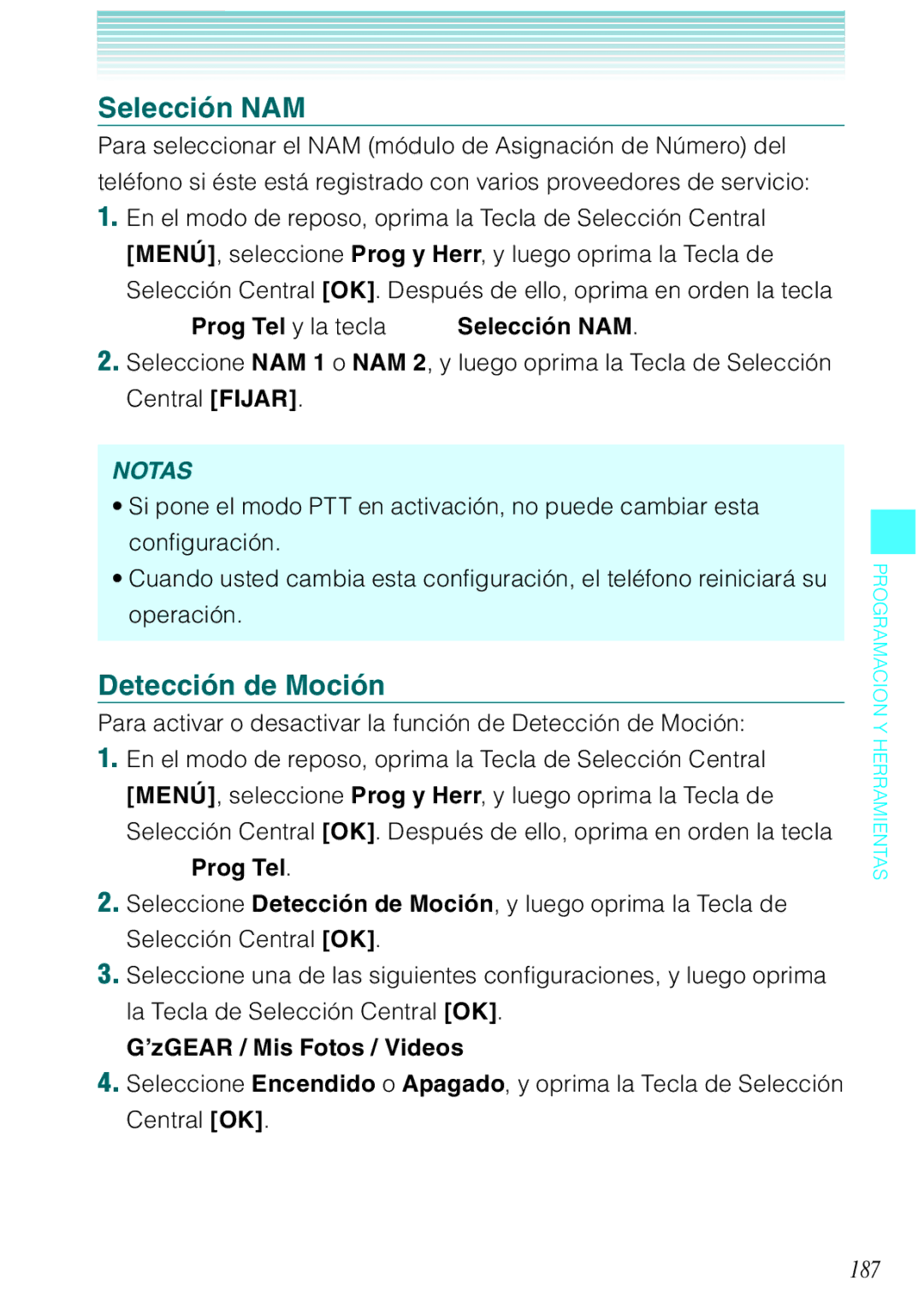 Verizon C751 manual Selección NAM, Detección de Moción, 187 
