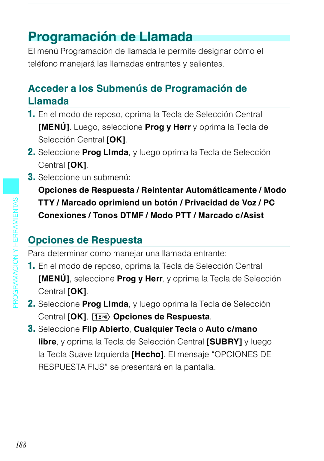 Verizon C751 manual Acceder a los Submenús de Programación de Llamada, Opciones de Respuesta, 188 