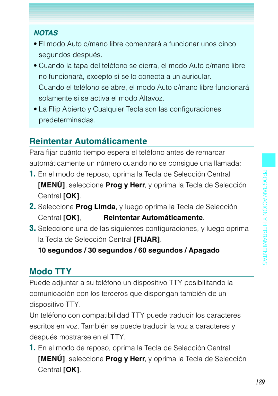 Verizon C751 manual Reintentar Automáticamente, Modo TTY, 189, Segundos / 30 segundos / 60 segundos / Apagado 