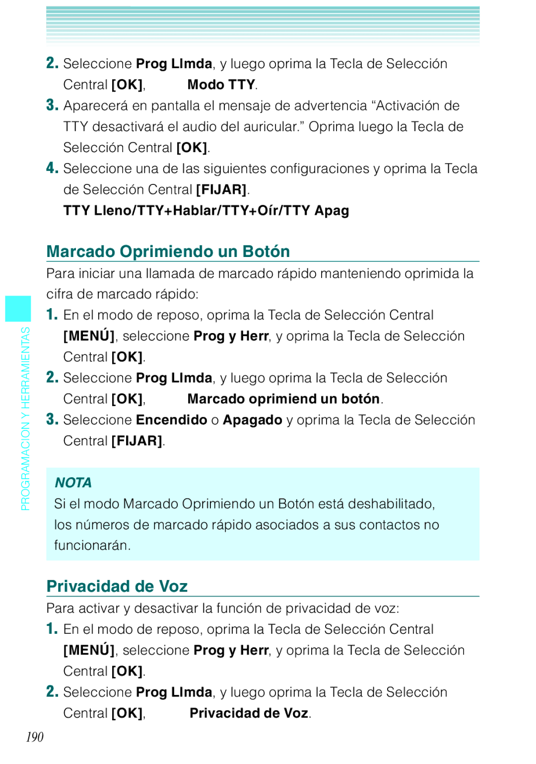 Verizon C751 manual Marcado Oprimiendo un Botón, Privacidad de Voz, 190, TTY Lleno/TTY+Hablar/TTY+Oír/TTY Apag 