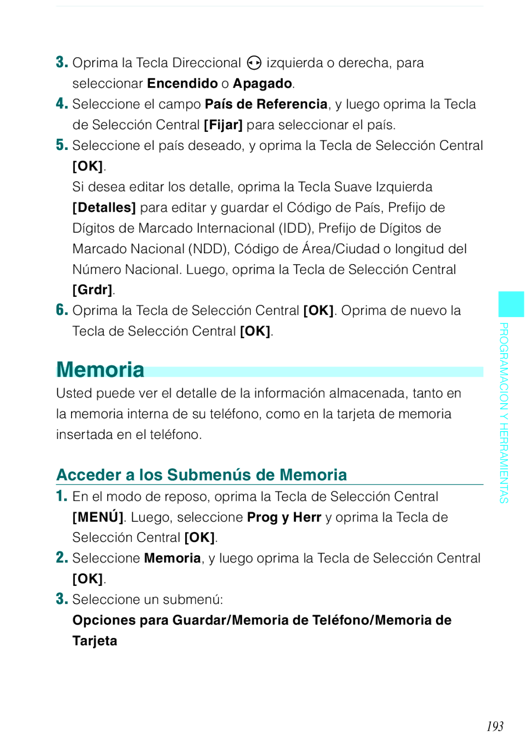 Verizon C751 manual Acceder a los Submenús de Memoria, 193, Oprima la Tecla Direccional izquierda o derecha, para 