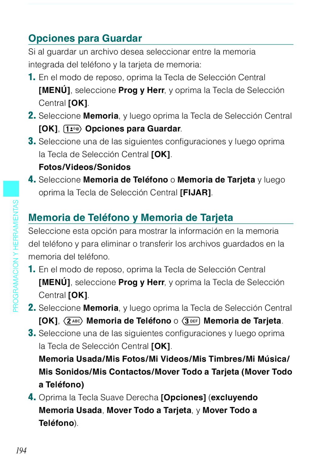 Verizon C751 manual Opciones para Guardar, Memoria de Teléfono y Memoria de Tarjeta, 194 