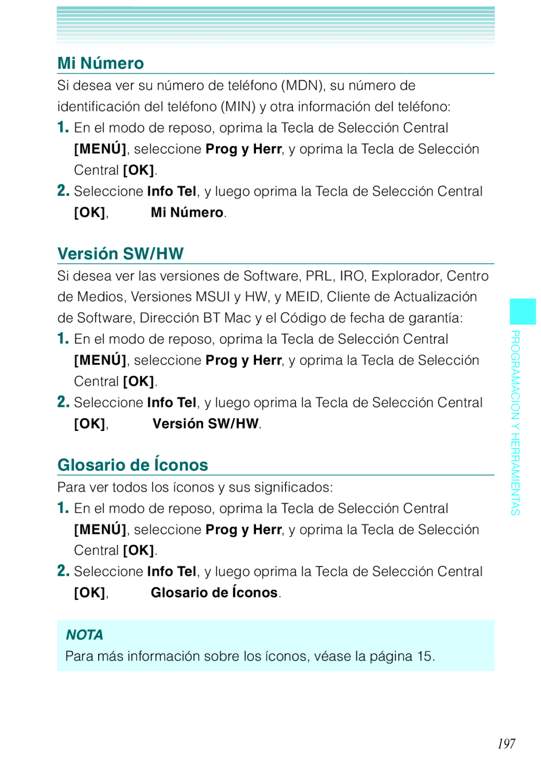 Verizon C751 Mi Número, Versión SW/HW, Glosario de Íconos, 197, Para más información sobre los íconos, véase la página 