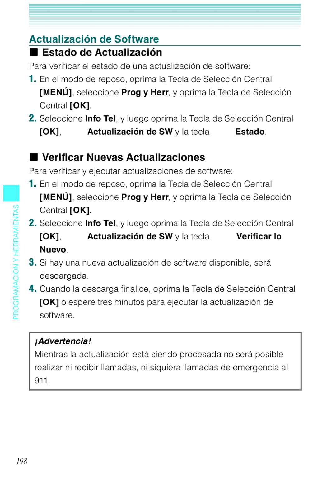 Verizon C751 manual Actualización de Software, Estado de Actualización, Verificar Nuevas Actualizaciones, 198 