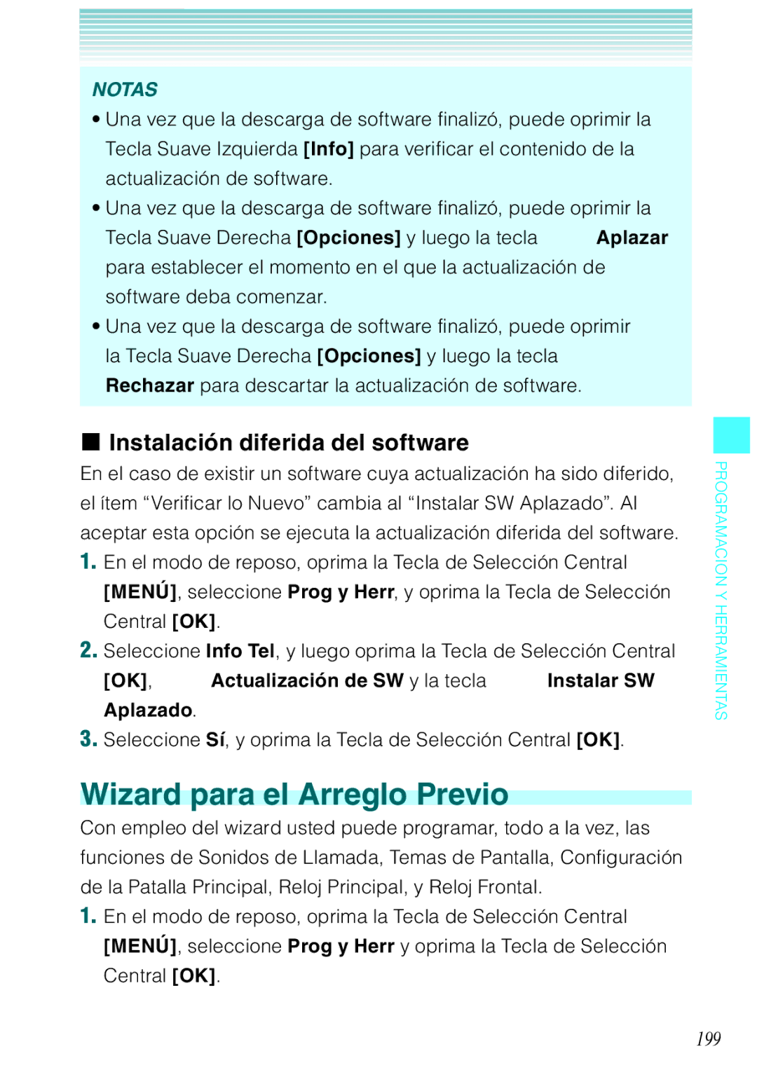 Verizon C751 manual Wizard para el Arreglo Previo, Instalación diferida del software, 199 