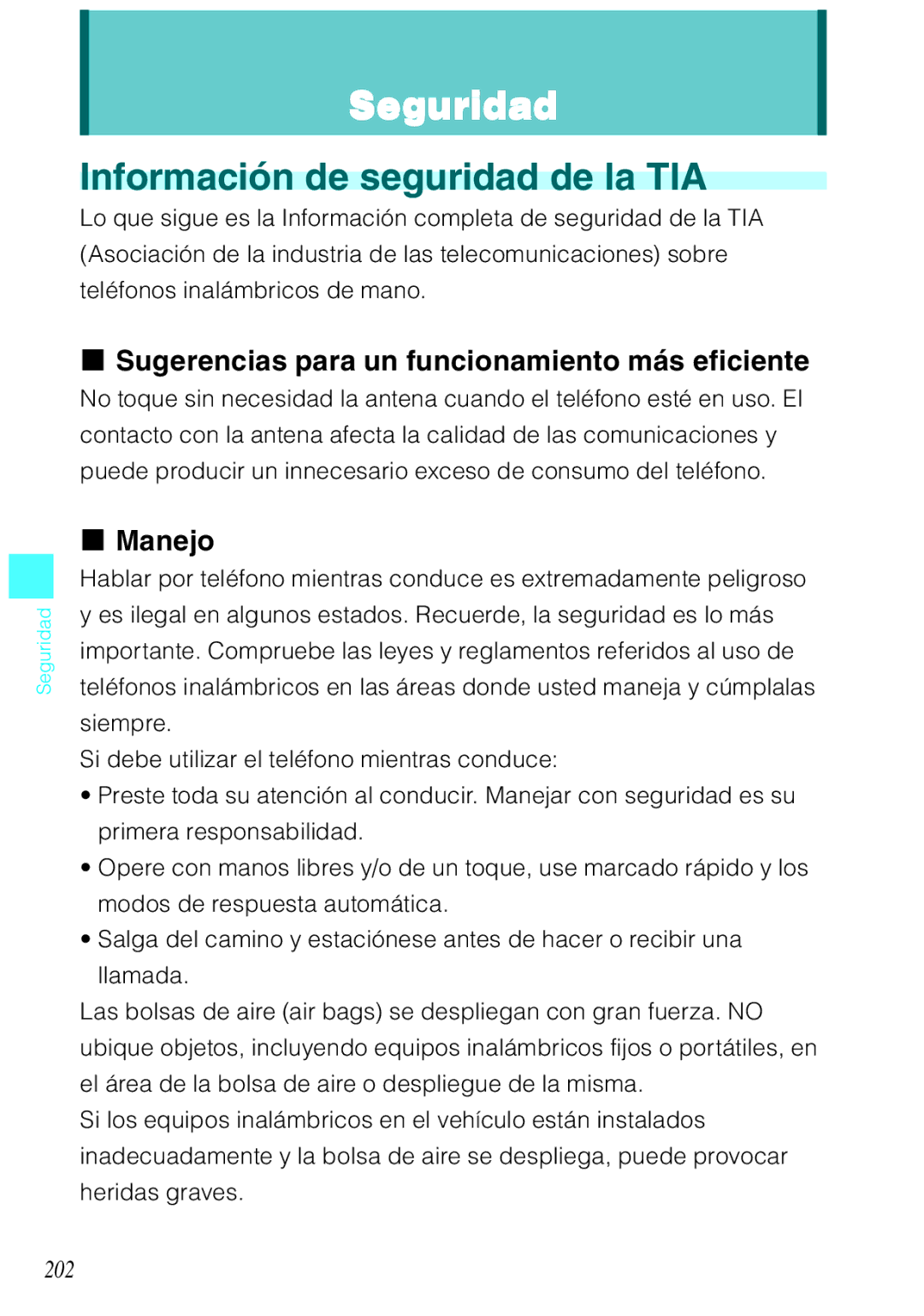 Verizon C751 manual Información de seguridad de la TIA, Sugerencias para un funcionamiento más eficiente, Manejo, 202 