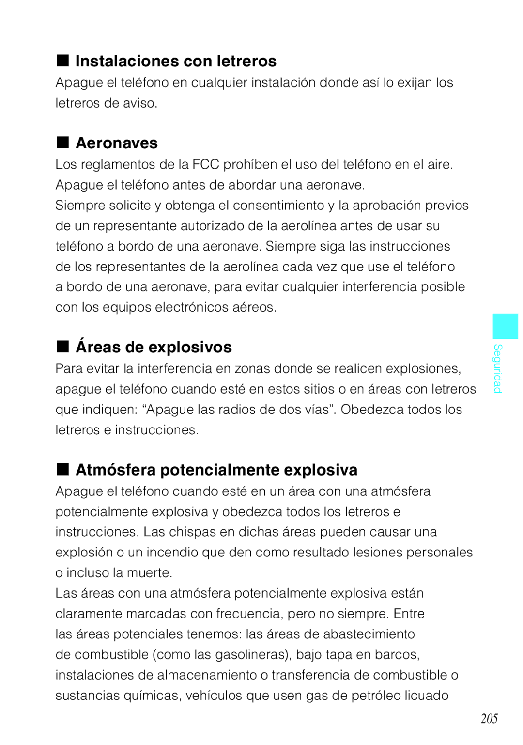 Verizon C751 manual Instalaciones con letreros, Aeronaves, Áreas de explosivos, Atmósfera potencialmente explosiva, 205 