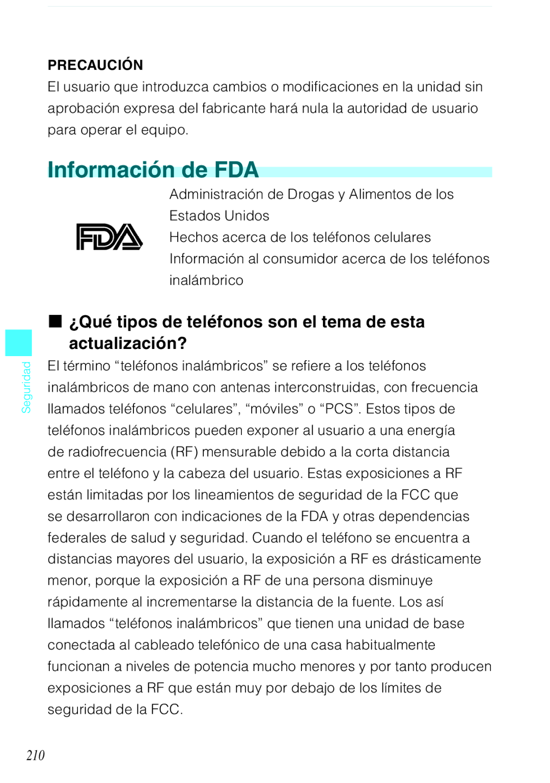 Verizon C751 manual Información de FDA, ¿Qué tipos de teléfonos son el tema de esta actualización?, 210 