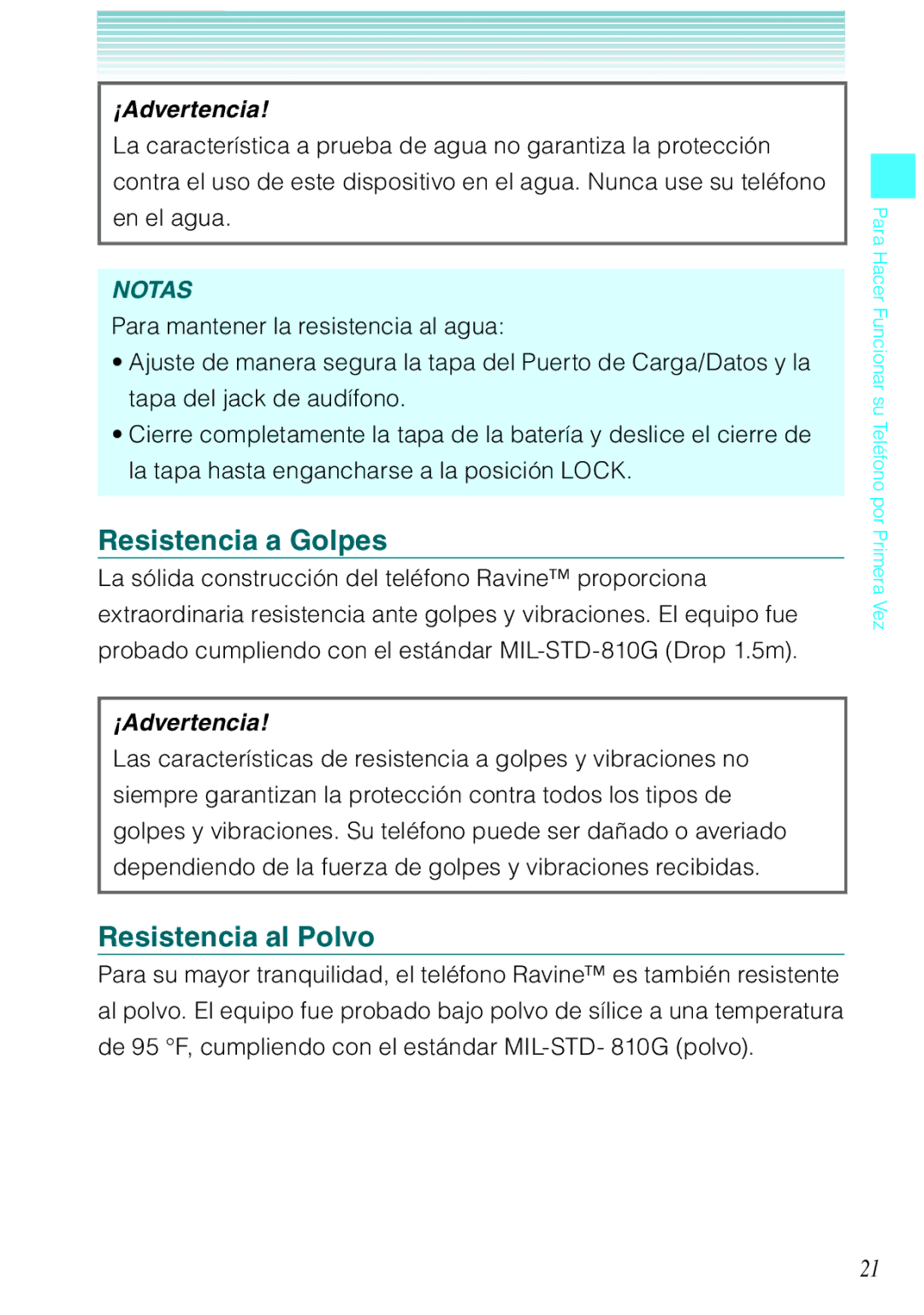 Verizon C751 manual Resistencia a Golpes, Resistencia al Polvo 