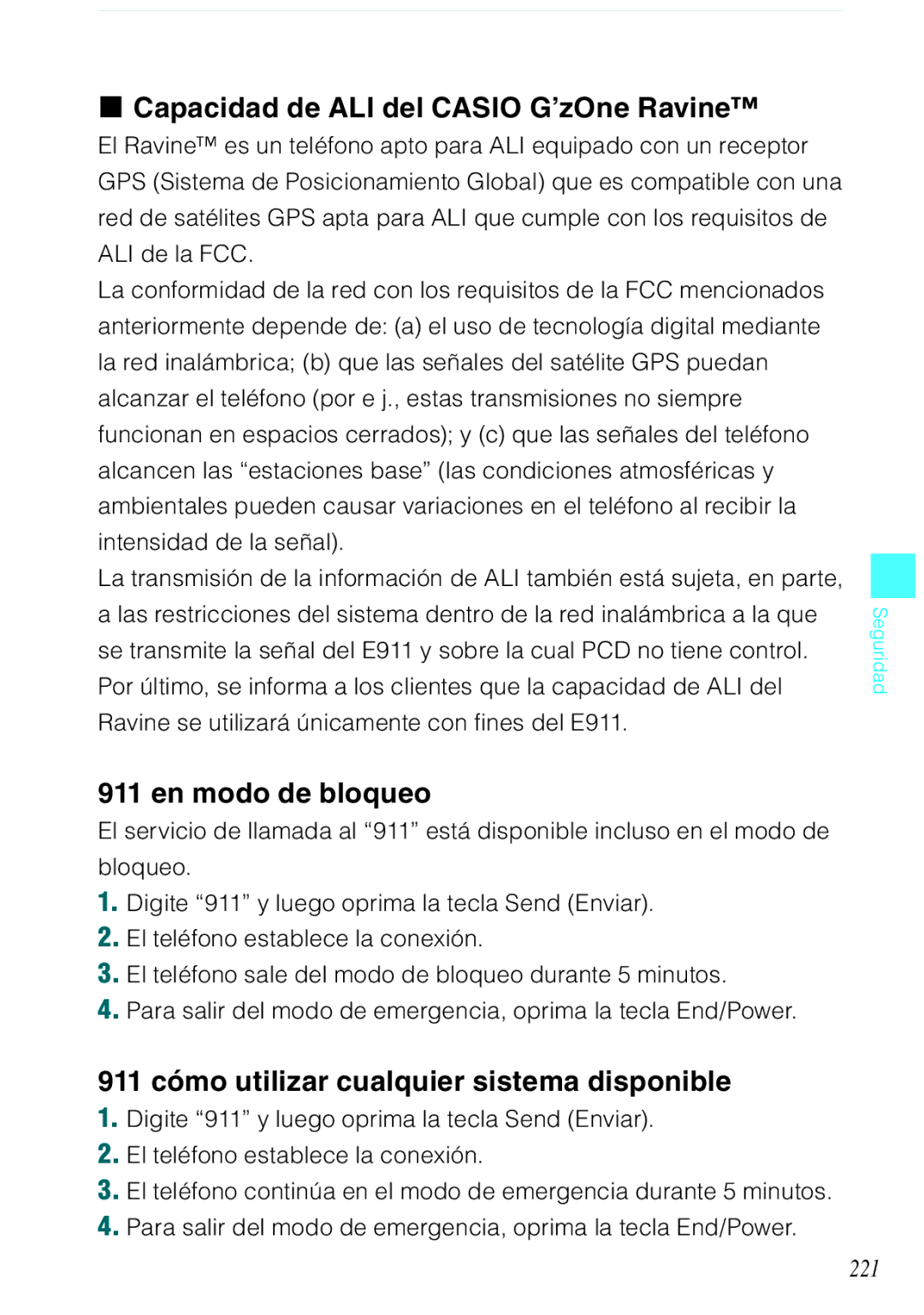 Verizon C751 Capacidad de ALI del Casio G’zOne Ravine, En modo de bloqueo, 911 cómo utilizar cualquier sistema disponible 