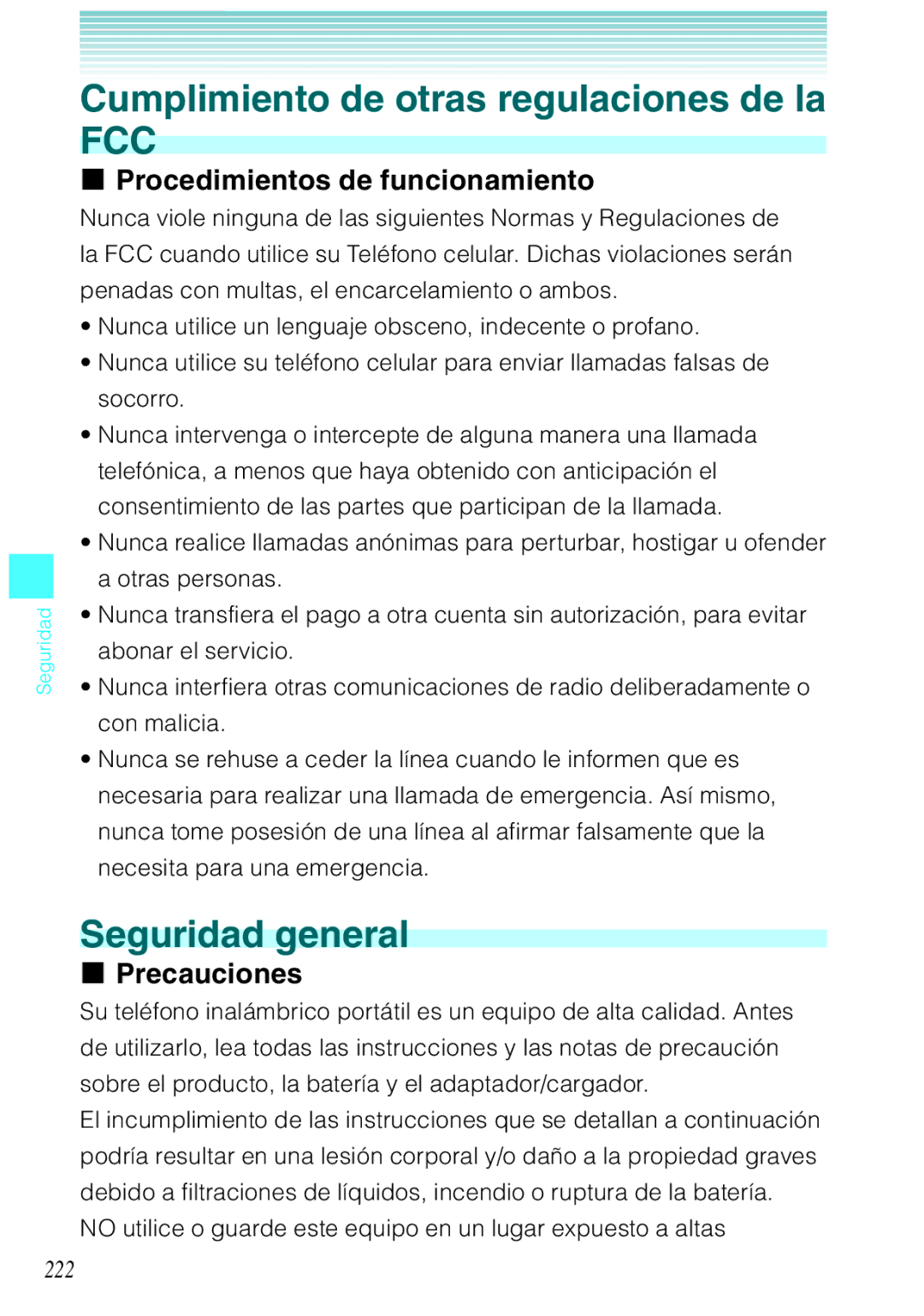 Verizon C751 Cumplimiento de otras regulaciones de la, Seguridad general, Procedimientos de funcionamiento, Precauciones 