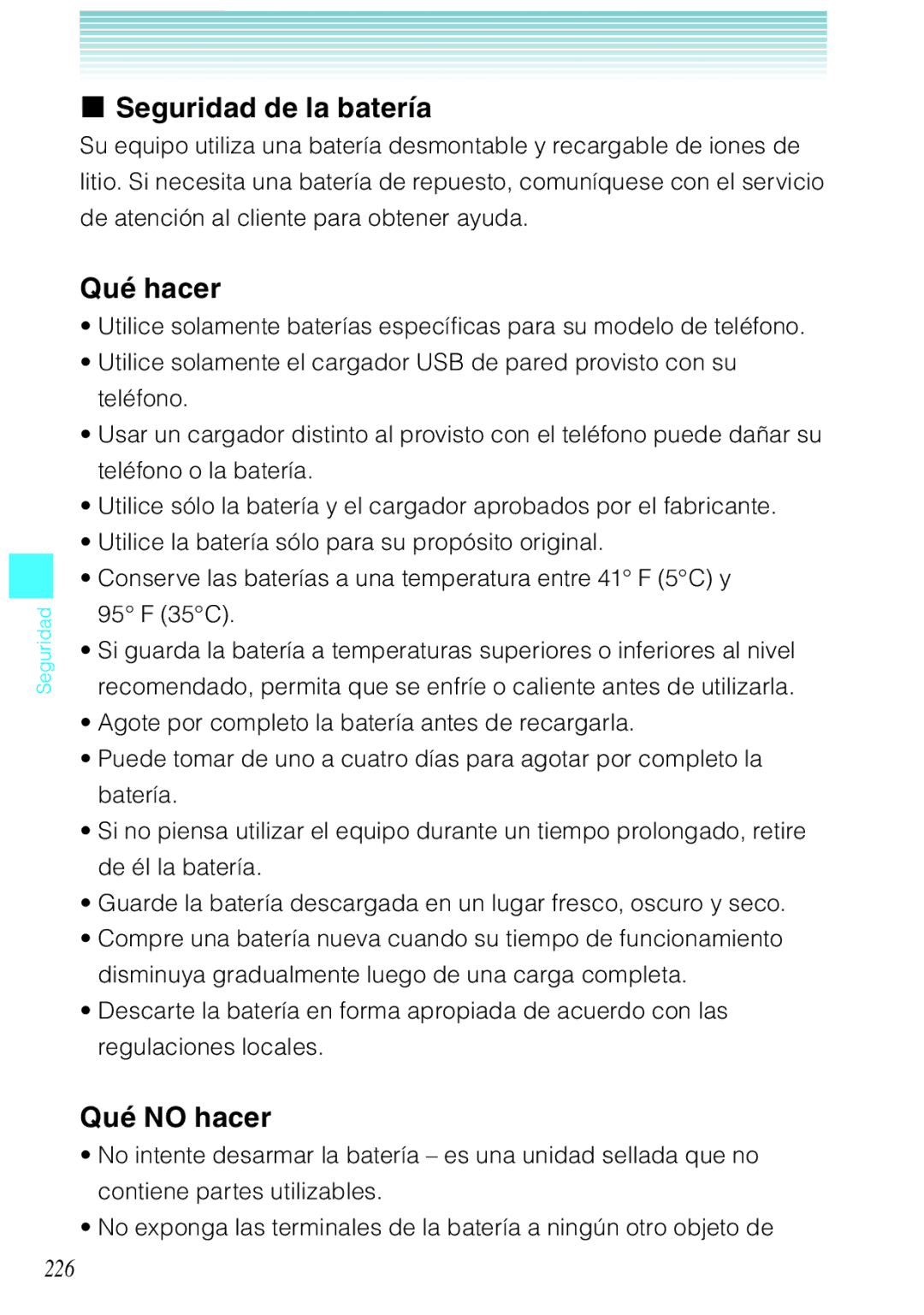 Verizon C751 manual Seguridad de la batería, Qué hacer, Qué no hacer, 226 