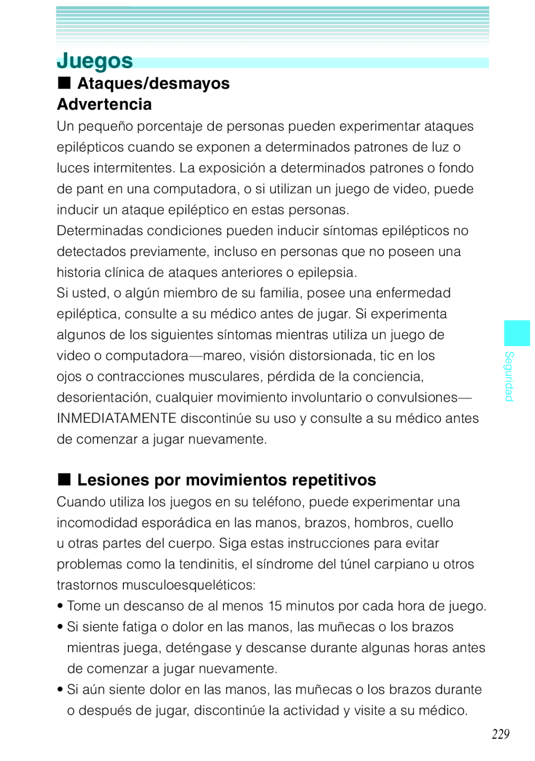 Verizon C751 manual Ataques/desmayos Advertencia, Lesiones por movimientos repetitivos, 229 