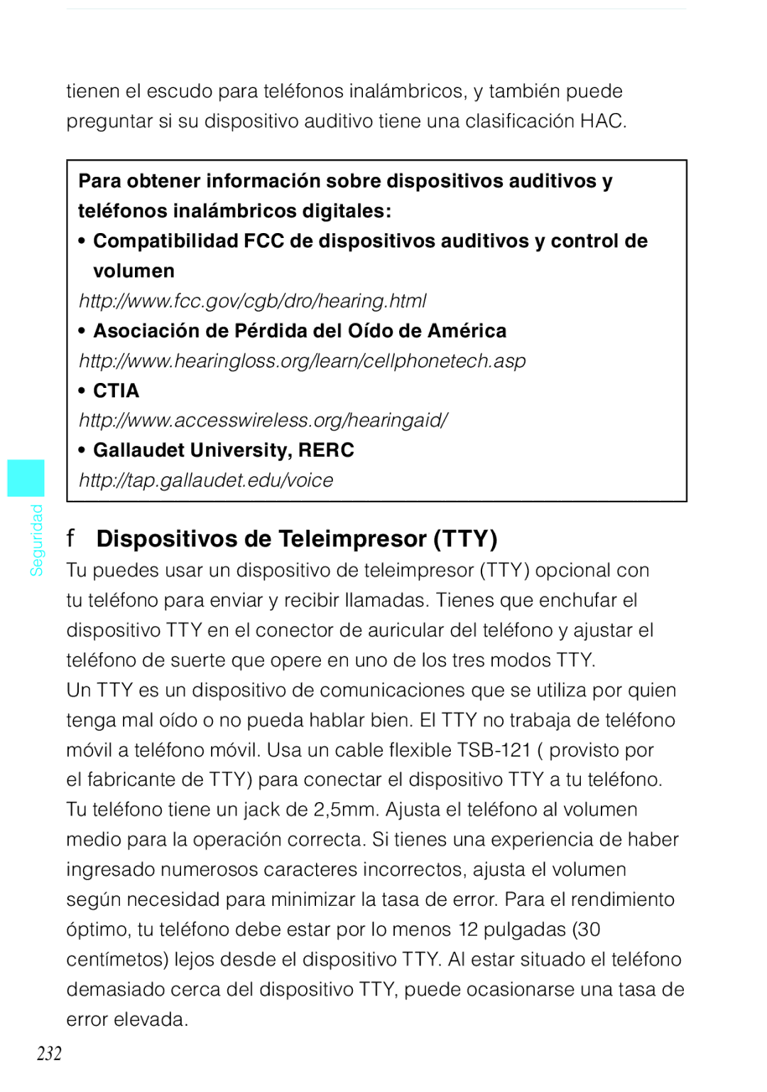 Verizon C751 manual Dispositivos de Teleimpresor TTY, 232, Gallaudet University, Rerc 