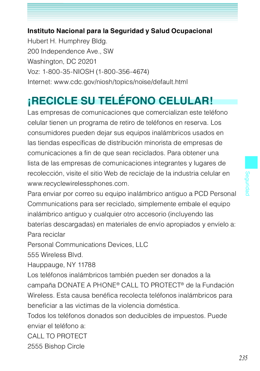 Verizon C751 manual 235, Instituto Nacional para la Seguridad y Salud Ocupacional, Bishop Circle 