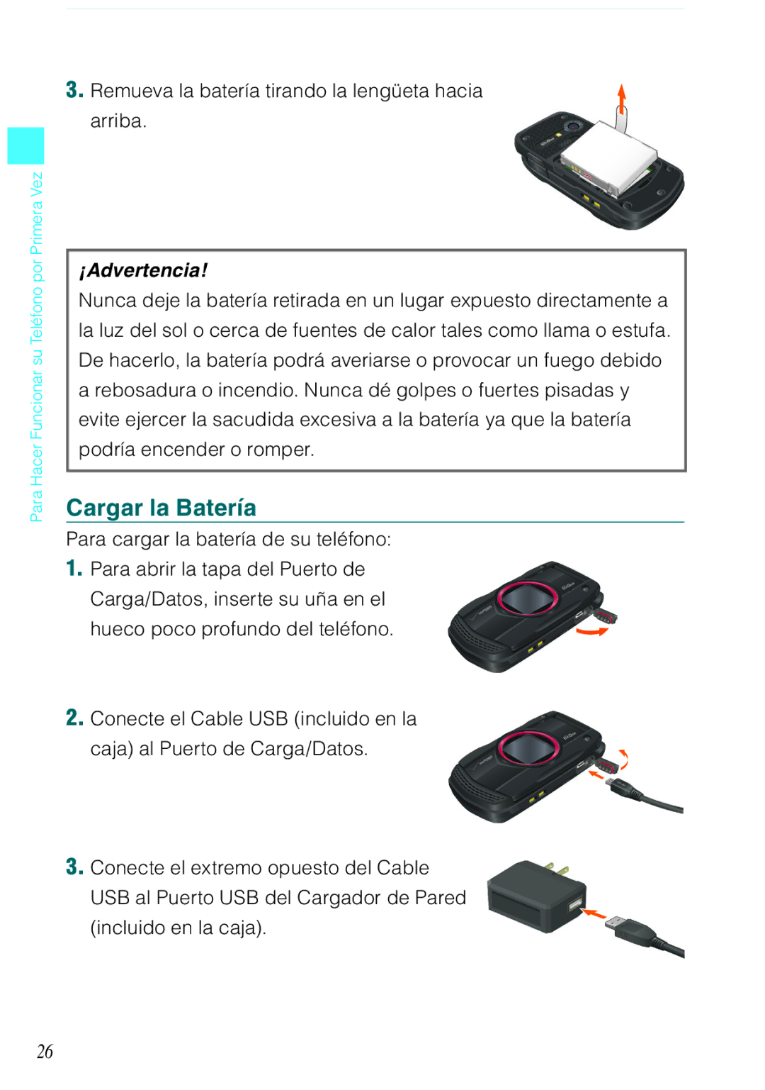 Verizon C751 Cargar la Batería, Remueva la batería tirando la lengüeta hacia arriba, Para cargar la batería de su teléfono 