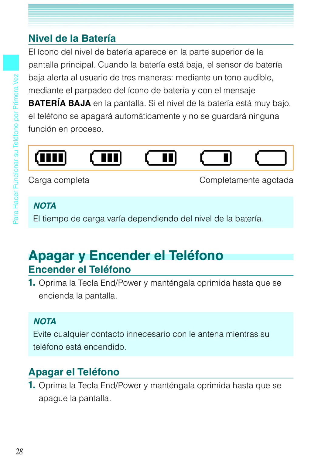 Verizon C751 manual Apagar y Encender el Teléfono, Nivel de la Batería, Apagar el Teléfono 