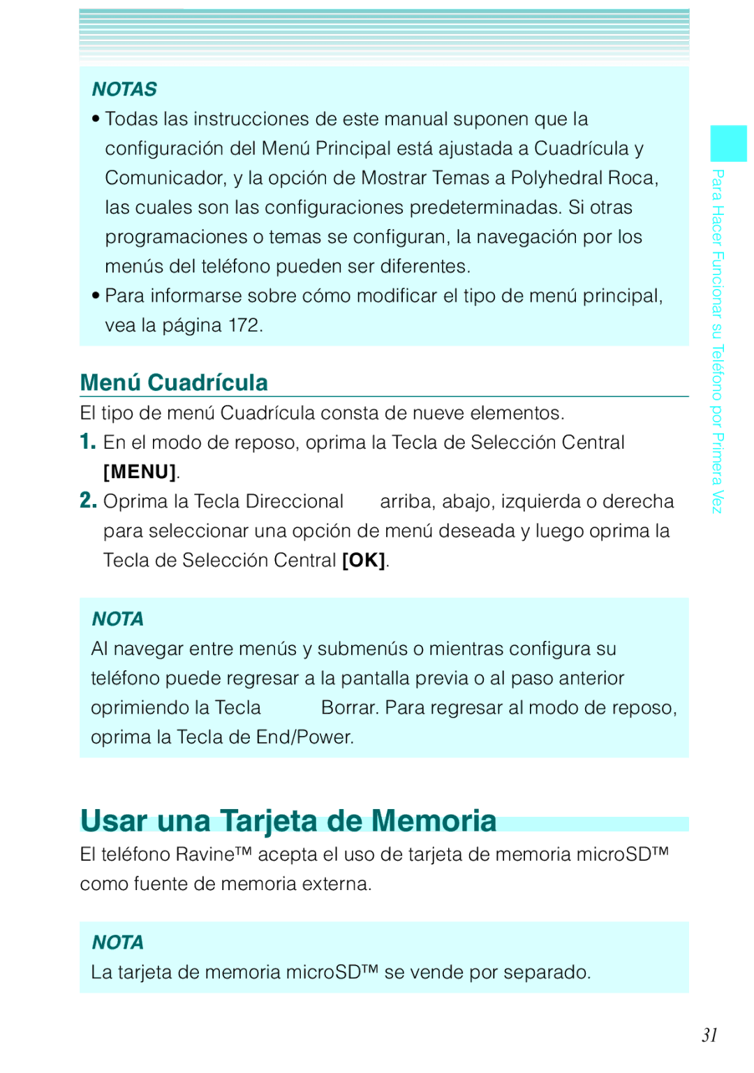 Verizon C751 manual Usar una Tarjeta de Memoria, Menú Cuadrícula, La tarjeta de memoria microSD se vende por separado 