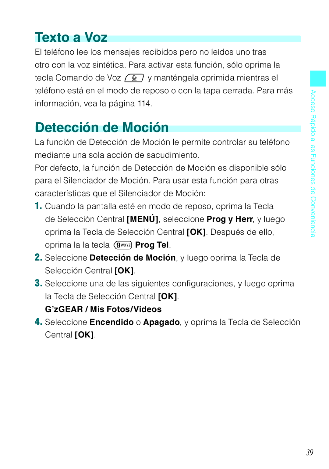 Verizon C751 manual Texto a Voz, Detección de Moción, ’zGEAR / Mis Fotos/Videos 